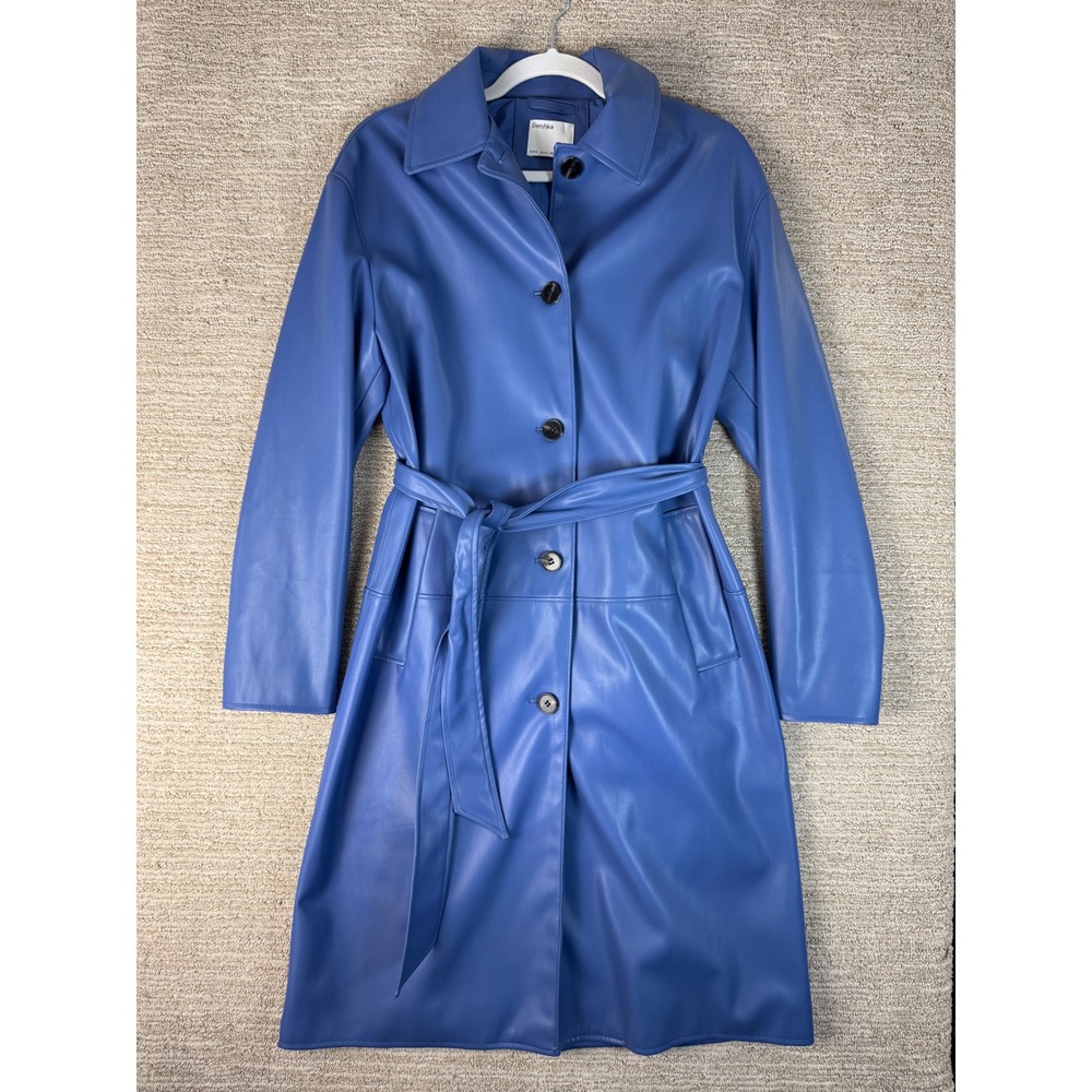 Bershka Blue Faux Leather Trench Coat Belted Long Jacket Womens Size Small